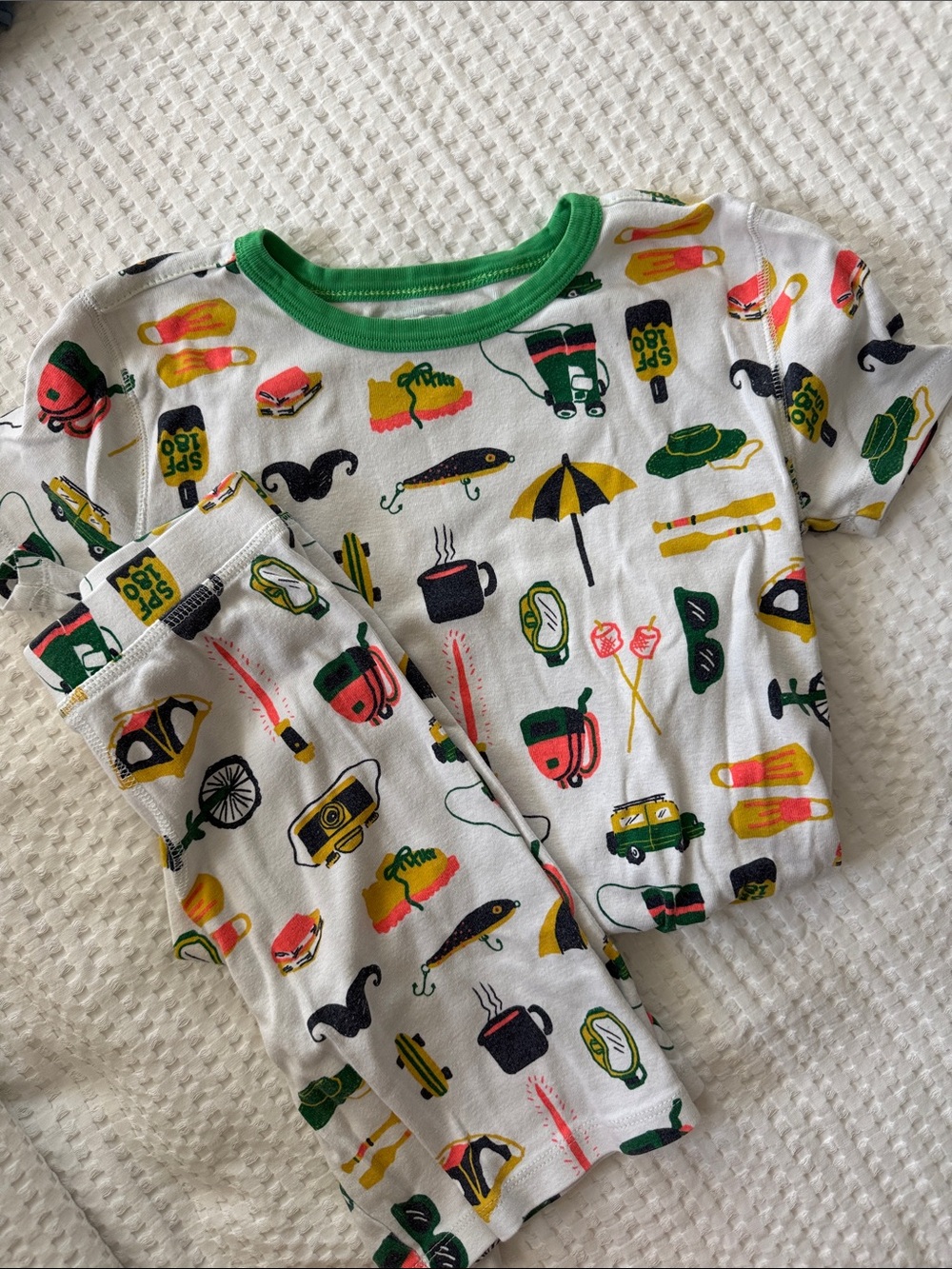 Crewcuts White Kids Pajama Set with Green Trim and Multicolor Camping Print